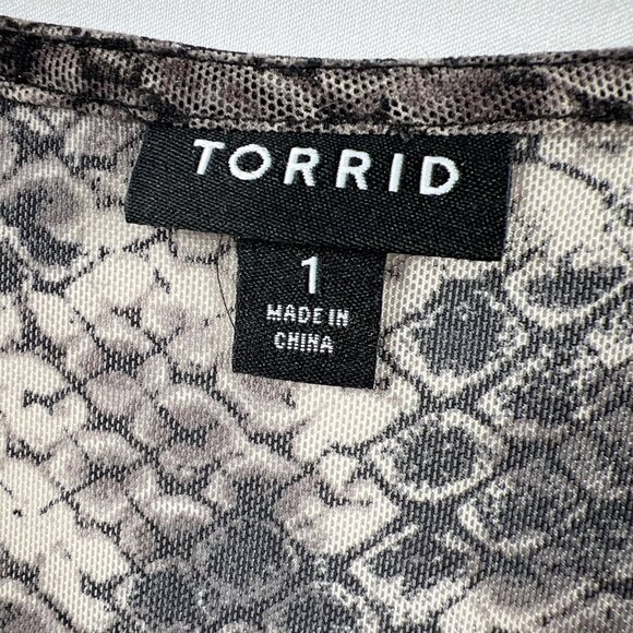 Torrid Women's Topo Size 1X Snake Skin Mesh Babydoll Long Sleeve Stretch Brown - Picture 2 of 7